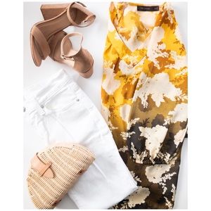 Pre-loved mustard flowers 3/4 silk blouse